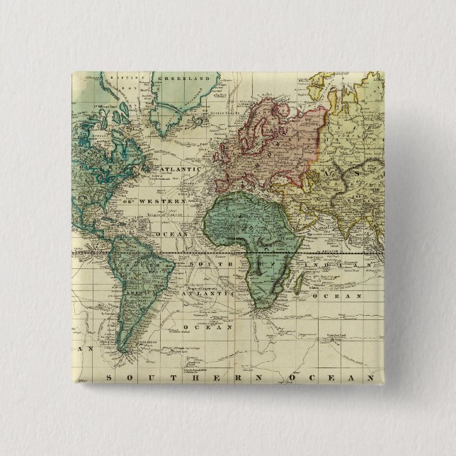 World on Mercators Projection 15 Cm Square Badge (Front)