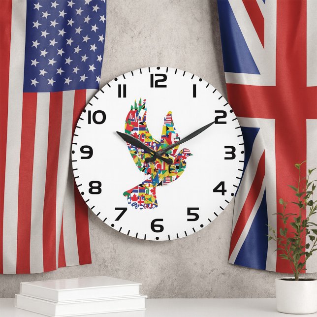 World Peace Dove Made of International Flags  Large Clock (Creator Uploaded)