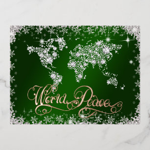 World Peace Emerald Green and Diamonds  Foil Holiday Postcard