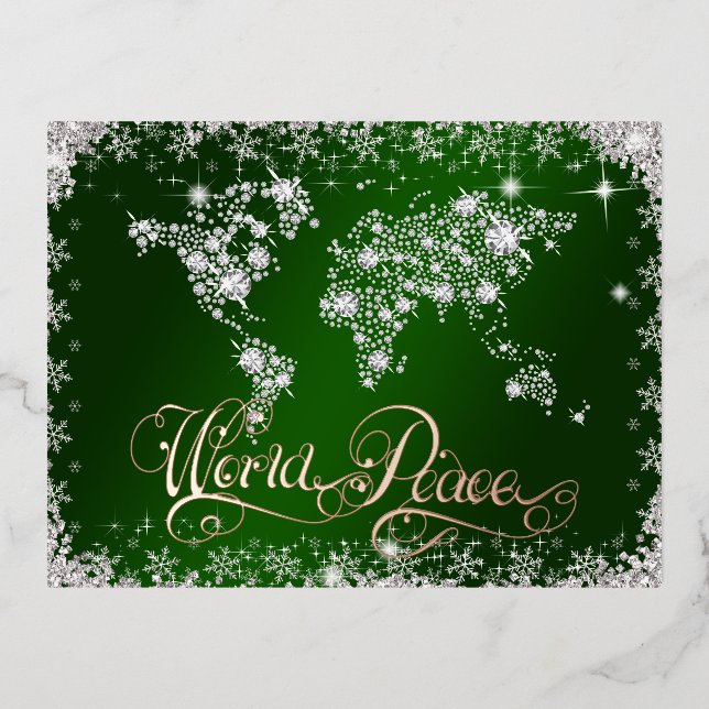 World Peace Emerald Green and Diamonds  Foil Holiday Postcard (Front)