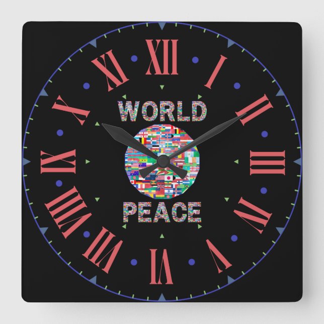 World Peace Flag Collection Roman Numeral Square Wall Clock (Front)