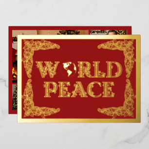 World Peace, Planet Earth, in Red, Gold Foil Holiday Card