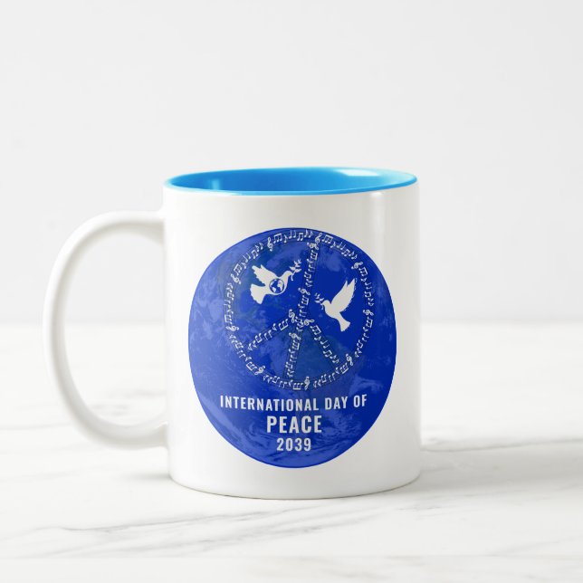 World Peace Sign Doves Peace on Earth Day Logo Two-Tone Coffee Mug (Left)