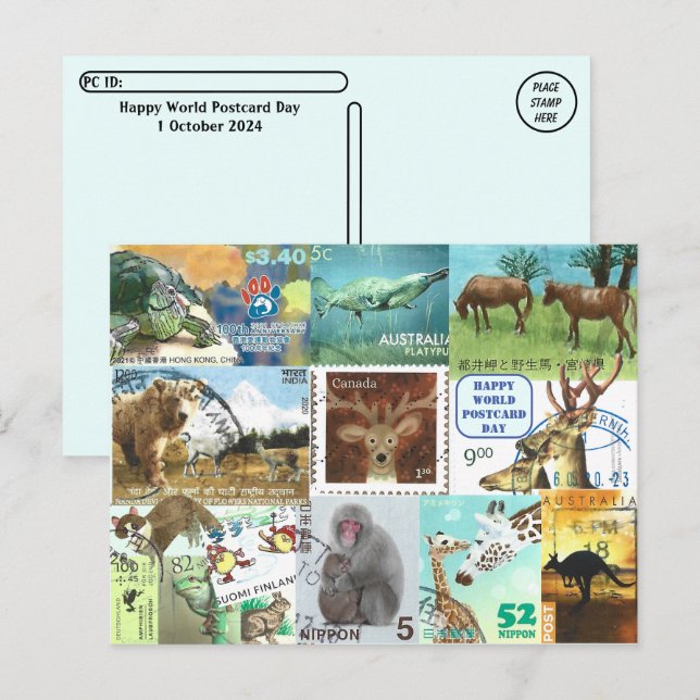 World Postcard Day - Animal Postage Stamp Collage (Front/Back)