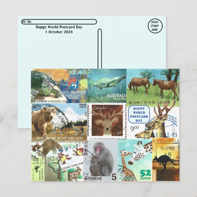 World Postcard Day - Animal Postage Stamp Collage (Front/Back)