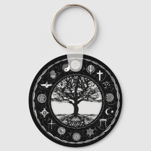 World Religions Black and White Tree Key Ring