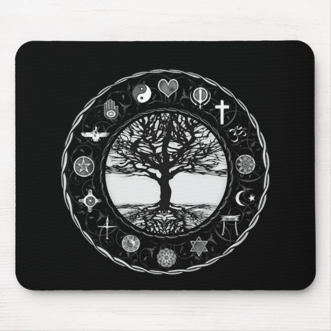 World Religions Black and White Tree Mouse Mat (Front)