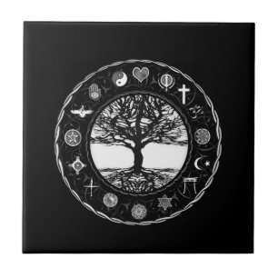 World Religions Black and White Tree Tile