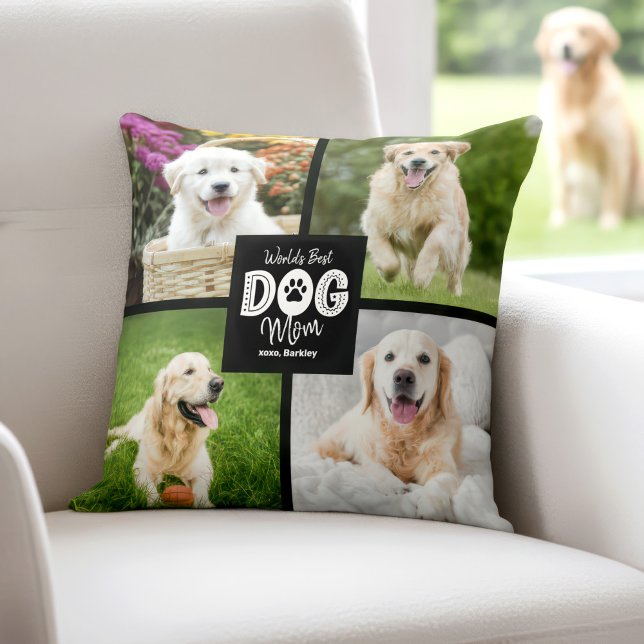 World’s Best Dog Mum 4 Photo Black White Custom Cushion (Creator Uploaded)