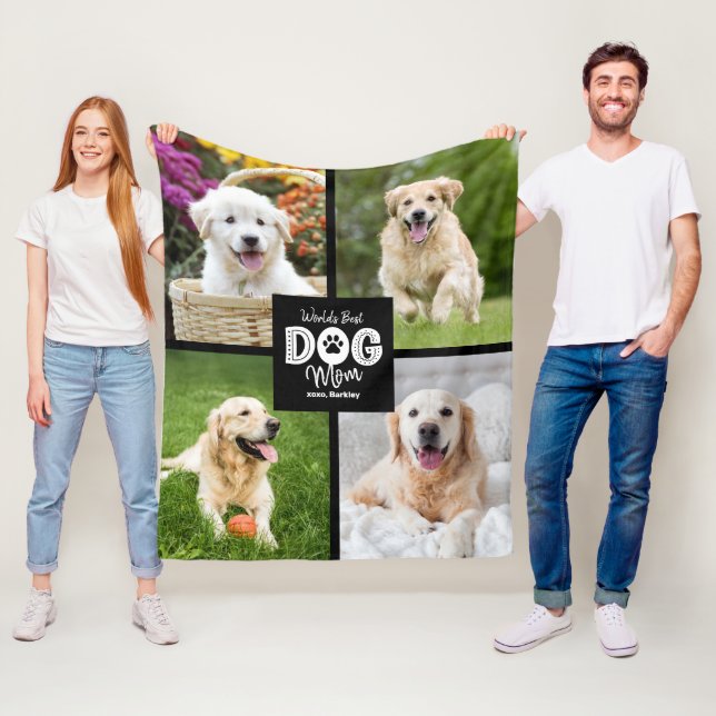 World’s Best Dog Mum 4 Photo on Black Bold Custom Fleece Blanket (In Situ)