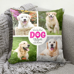 World’s Best Dog Mum Custom 4 Photo Pink on White Cushion