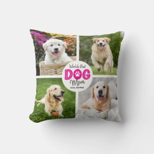 World’s Best Dog Mum Custom 4 Photo Pink on White Cushion