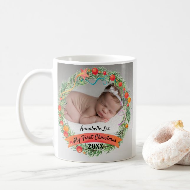 World’s Best Grandma 1st Christmas Photo Wreath Coffee Mug (With Donut)