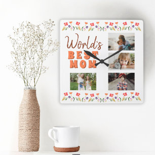 World`s Best Mum Flowers Floral Mother`s Day Photo Square Wall Clock