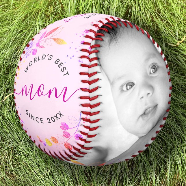 World’s Best Mum Pink Glitter Leaves Script Photo Baseball (Creator Uploaded)