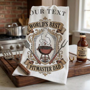 World’s Best Pitmaster Dad Retro BBQ Crest Custom Tea Towel