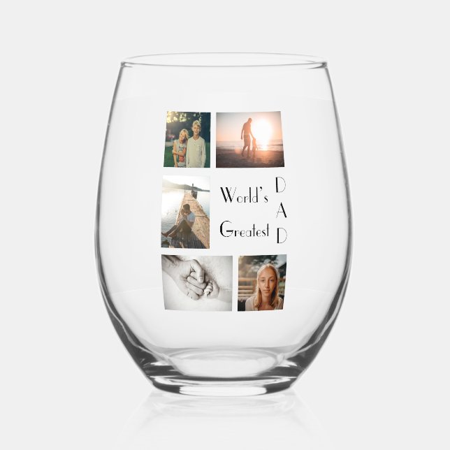 World’s Greatest Dad Family Child 5 Photo Collage Stemless Wine Glass (Front)