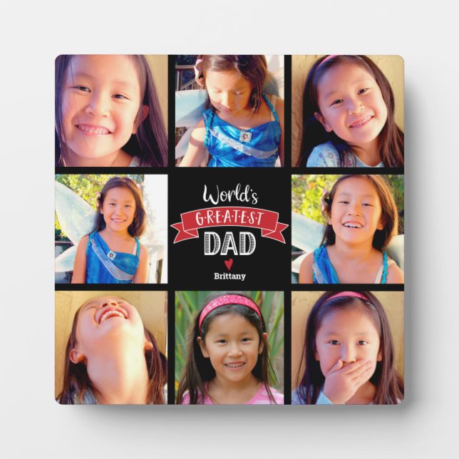 World’s Greatest Dad Red Banner 8 Photo Collage Plaque (Front)