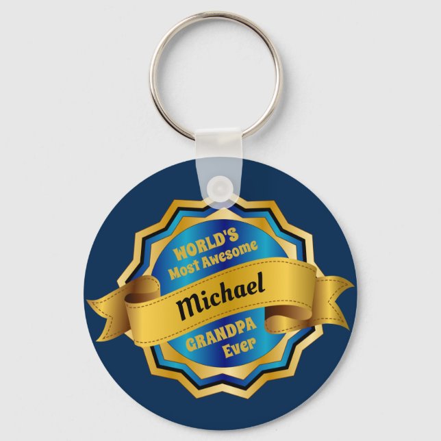World’s Most Awesome Grandpa Gold Blue Award Key Ring (Front)