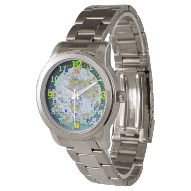 World Time Zones Cities Travel Wrist Watch (Angled)