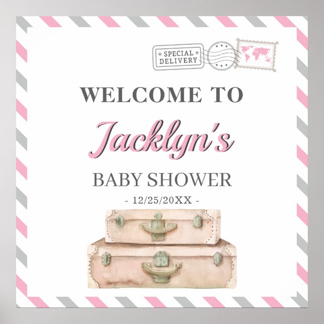 World Travel Aeroplane Baby Girl Shower Welcome Poster (Front)