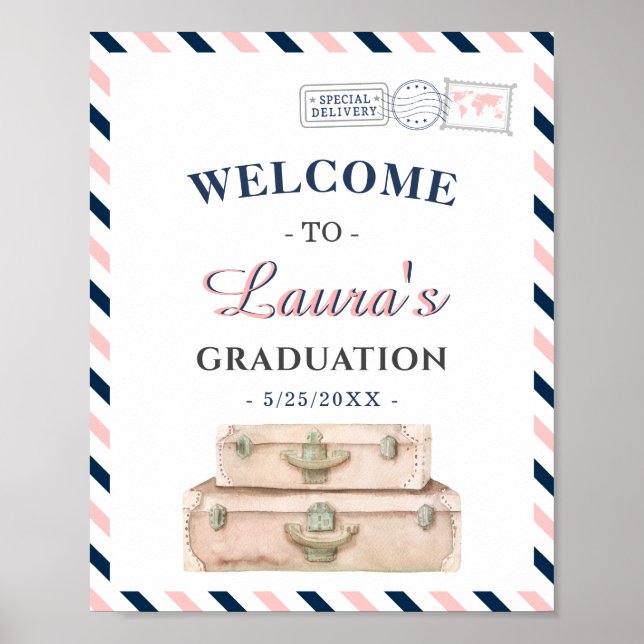 World Travel Airline Graduation Party Navy Welcome Poster (Front)