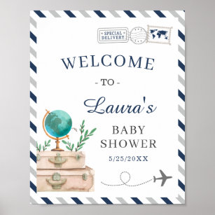World Travel Airplane Boy Baby Shower Navy Welcome Poster