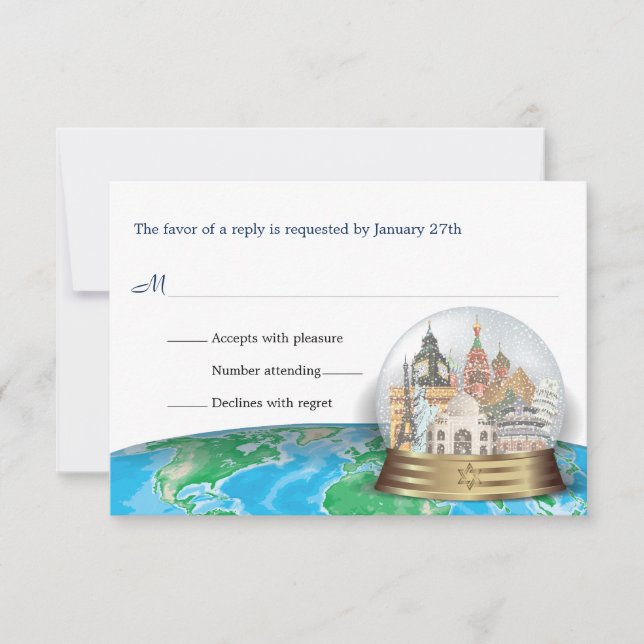 World Travel Bar Bat Mitzvah Snow Globe Reply RSVP Card (Front)