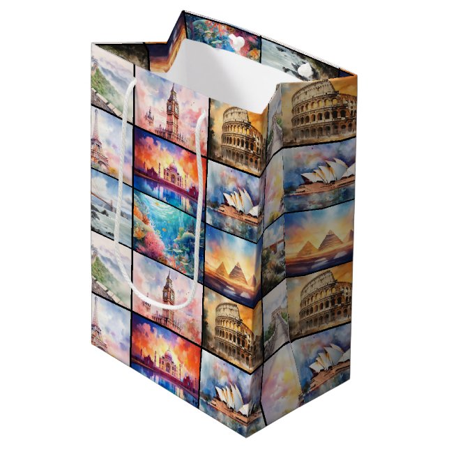 World Travel Destinations in Watercolor Medium Gift Bag (Front Angled)