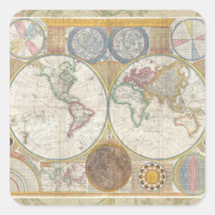 World Travel Map Antique Vintage Geography Square Sticker