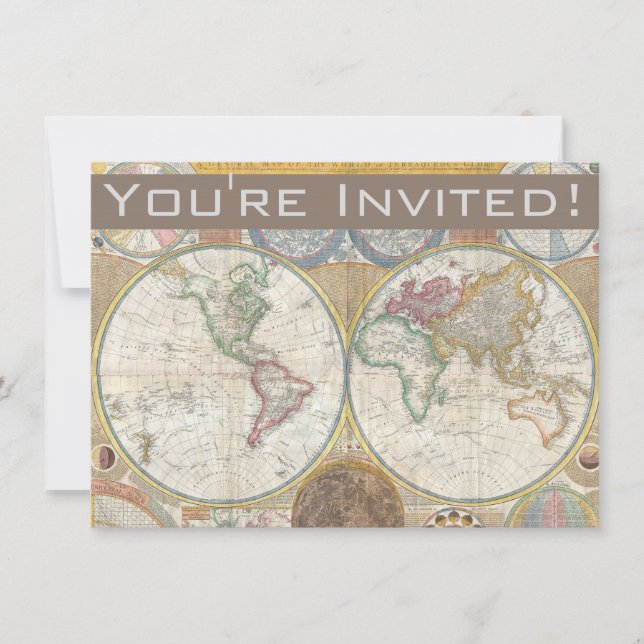 World Travel Map Antique Vintage Invitation (Front)
