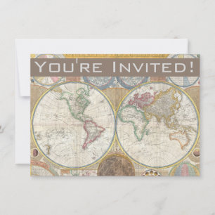 World Travel Map Antique Vintage Invitation
