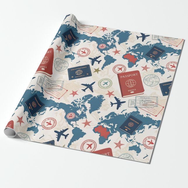 World Travel Map Pattern Wrapping Paper (Unrolled)
