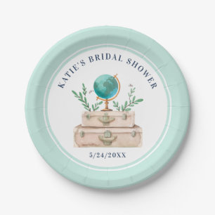 World Travel Suitcase Bridal Shower Light Blue Paper Plate