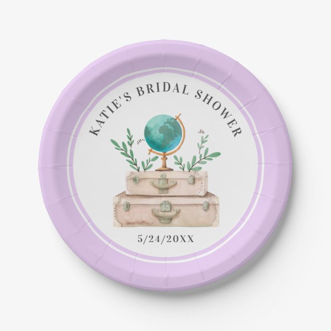 World Travel Suitcase Lavender Lilac Bridal Shower Paper Plate (Front)