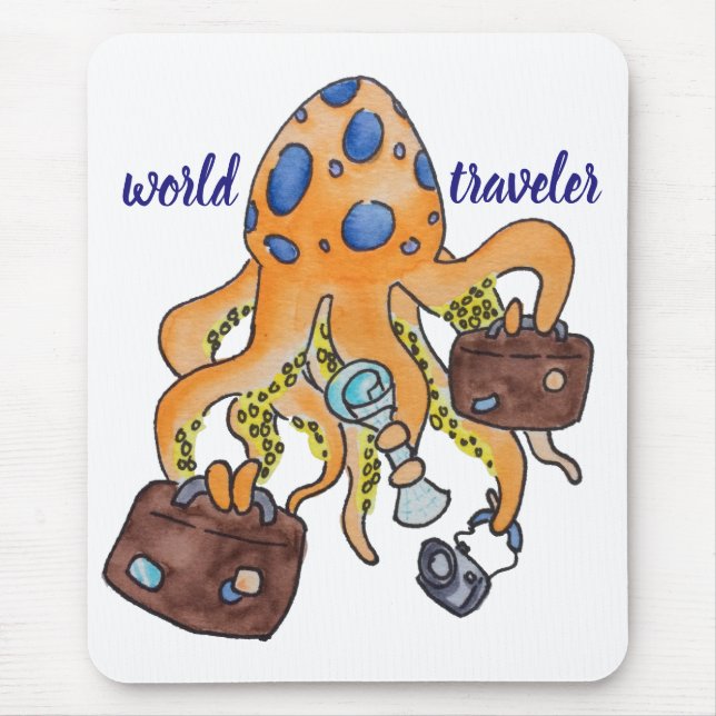 World Traveler Cartoon Illustration Funny Octopus Mouse Mat (Front)