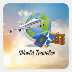 World Traveller, aeroplane, passport, ticket, Square Sticker