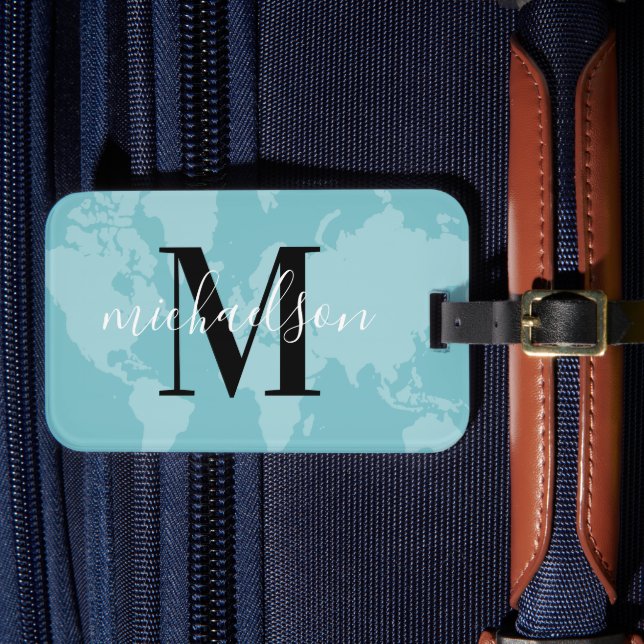 World Traveller Aqua Blue Map Custom Monogram Name Luggage Tag (Front Insitu 4)