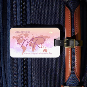World Traveller Dusty Rose Map Name Luggage Tag