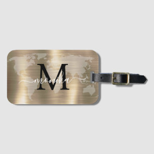 World Traveller Gold Foil Map Custom Monogram Name Luggage Tag