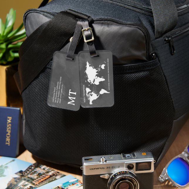 World Traveller Grayish Map Name Luggage Tag (Front & Back)