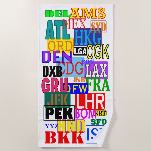 World Traveller International Airport Codes Beach Towel (Front)