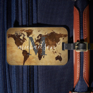 World Traveller  Map Custom Monogram Name Lugga Luggage Tag