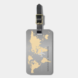 World Traveller map Gold Brush metal Monogrammed  Luggage Tag