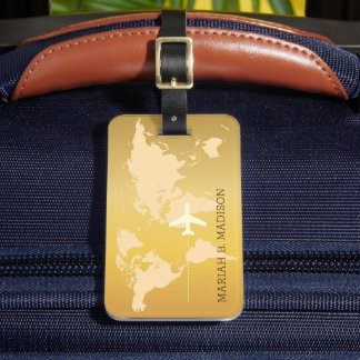 World Traveller map Gold Brush metal Monogrammed Luggage Tag