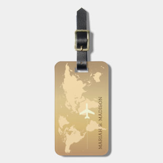 World Traveller map Gold Brush metal Monogrammed Luggage Tag