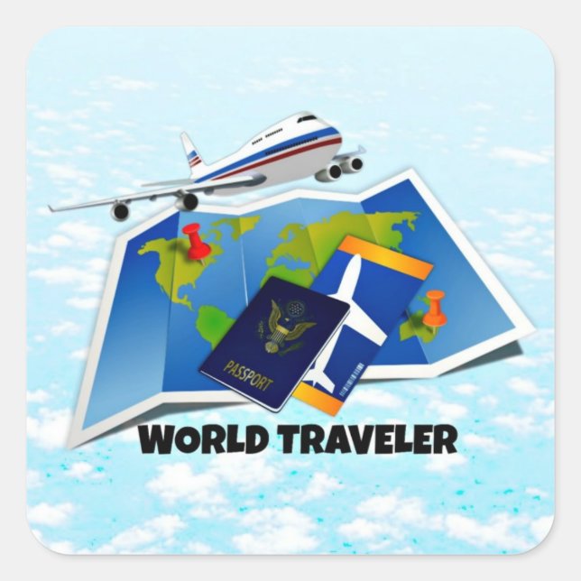 World Traveller - Map, Passport, and Tickets Square Sticker (Front)