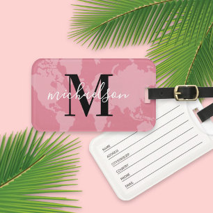 World Traveller Pink Map Custom Monogram Name Luggage Tag