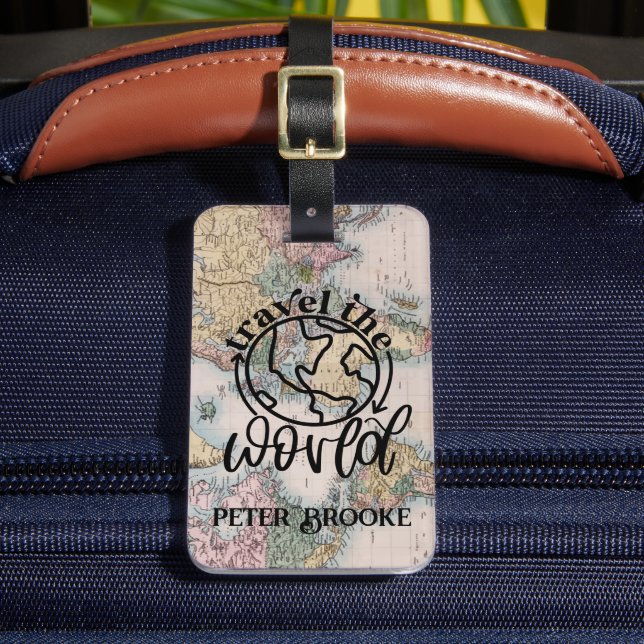 World Traveller Pink Map Personalised  Luggage Tag (Front Insitu 2)