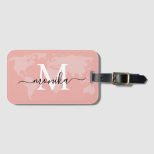 World Traveller Rose Gold Map Custom Monogram Name Luggage Tag